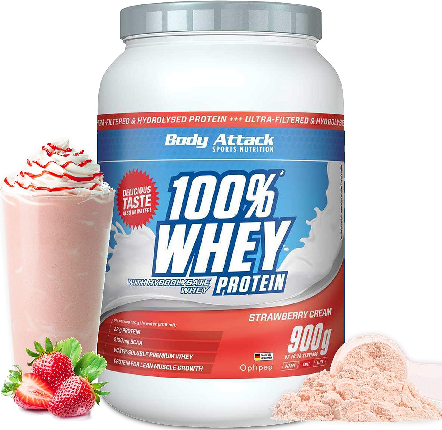 Body Attack 100% WHEY PROTEIN -Strawberry - 900g - Made in Germany - Extra cremiges Eiweißpulver ...
